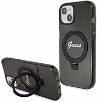 Guess dėklas telefonui su stovu Ring Stand Script Glitter magnetinis iPhone 15 Plus / 14 Plus - juodas