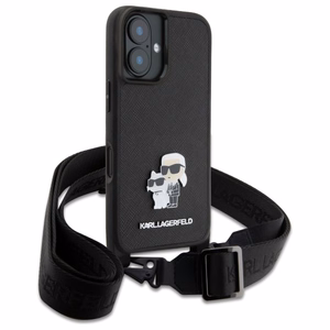 Karl Lagerfeld Saffiano Karl&Choupette Metal Pin CBDY dirželis iPhone 16 dėklas – juodas