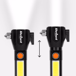 Rebel multifunction rechargeable flashlight with zoom, knife and glass hammer