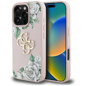 Guess Grained Roses Big 4G logo dėklas telefonui iPhone 16 Pro Max - rožinis