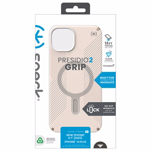 Speck Presidio2 Grip MagSafe dėklas su ClickLock, skirtas iPhone 15 Plus / 14 Plus, „Bleached Bone / Heirloom Gold“ spalvos
