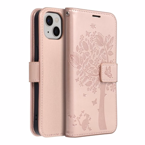 MEZZO knygos tipo dėklas telefonui IPHONE 13 su medžio raštu, rožinio aukso spalvos