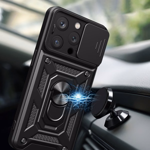 Hibridinis šarvuotas Camshield iPhone 15 Pro dėklas su stovu ir kameros dangteliu - mėlynas