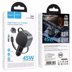 Automobilinis įkroviklis Hoco Z68, USB-A + USB-C, PD QC3.0, 45 W, su ištraukiamu USB-C kabeliu, juodas