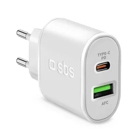 SBS TETRPD20W 20W USB-A USB-C sieninis įkroviklis su Power Delivery - baltas