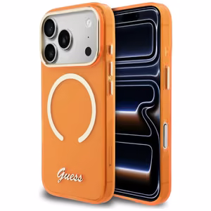 Guess IML Script Metal MagSafe Dėklas for iPhone 17 Pro - oranžinis