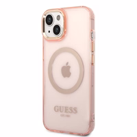 Guess GUHMP14SHTCMP iPhone 14 6.1" rožinis kietas dėklas su auksiniu kontūru, permatomas, magnetinis (MagSafe)