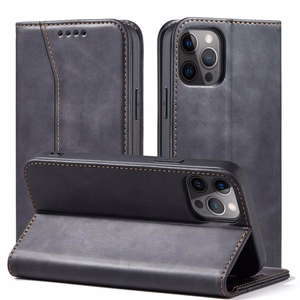 Magnetinis Fancy dėklas telefonui iPhone 12 Pro Max su kišene, kortelių laikiklis, juodas
