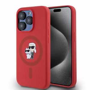 Karl Lagerfeld silikoninis Karl&Choupette galvų žiedas Magnetinis dėklas iPhone 15 Pro - Raudonas