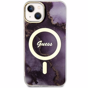 Guess GUHMP14SHTMRSU iPhone 14 6.1" violetinė/violetinė kietas dėklas Golden Marble Magnetinis