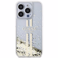 Guess Liquid Glitter Gold Stripes dėklas telefonui iPhone 15 Pro - skaidrus