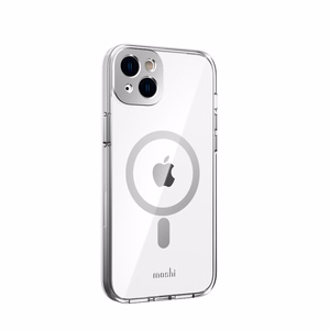 Moshi iGlaze dėklas, skirtas iPhone 14 Plus, suderinamas su MagSafe, skaidrus su „Luna Silver“ spalvos detalėmis