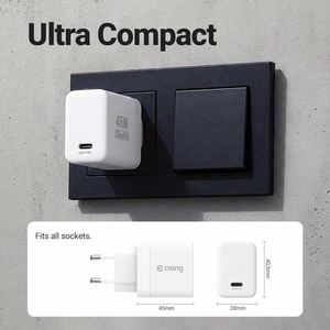 Crong Ultra Compact GaN USB-C sieninis įkroviklis, 45 W PD 3.0, PPS, baltas