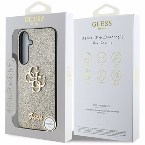 Guess blizgus didelis 4G metalinio logotipo dėklas telefonui Samsung Galaxy S25 auksinis