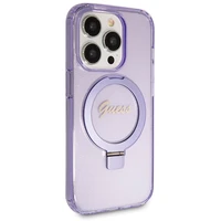 Guess Magnetinis dėklas telefonui su žiediniu stovu Script Glitter MagSafe iPhone 14 Pro - violetinė
