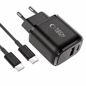 "Tech-Protect" NCA45W-GAN 2 prievadų 45 W sieninis įkroviklis su USB-C kabeliu - juodas