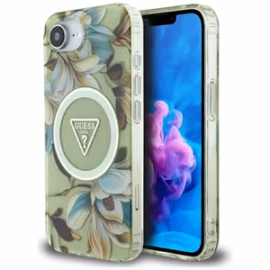 Оригинальный чехол GUESS IML Metal Glitter Flowers Triangle MagSafe для iPhone 17e/16e зелёный
