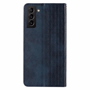 Magnetinis dėklas telefonui Samsung Galaxy S22+ (S22 Plus) su dirželiu, pinigine ir mažu pakabuku - mėlynas