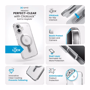 Speck Presidio Perfect-Clear dėklas su MagSafe ir ClickLock, skirtas iPhone 16, „Clear/Chrome“