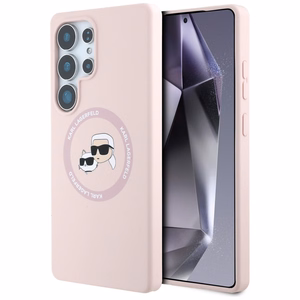 Karl Lagerfeld silikoninis dvigubų galvų ir apskritimo magnetinis Samsung Galaxy S25 Ultra dėklas rožinis