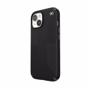Speck Presidio2 Grip MagSafe dėklas, skirtas iPhone 17e / 16e / 15 / 14 / 13, juodas su skalūno pilkos spalvos detalėmis