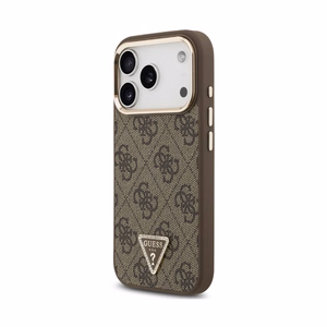 Dėklas Guess PU Leather 4G Strass Triangle Logo Gold Frame MagSafe Apple iPhone 18 Pro rudas