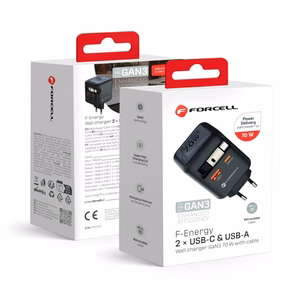 FORCELL F-ENERGY GaN III VT-R7 kelioninis įkroviklis su ištraukiamu kabeliu Type C ir 1x Type C, 1x USB A įkrovimo prievadais PD QC4.0 3A 70W pilkas