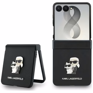 Juodas „Karl Lagerfeld Saffiano Karl & Choupette Pin“ dėklas, skirtas „Samsung Galaxy Z Flip8“