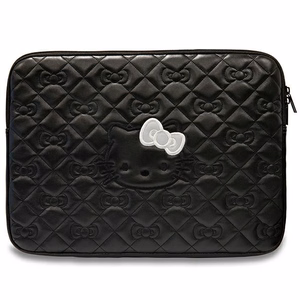 Hello Kitty užtraukiamas PU dygsniuotas dėklas su kaspinais 14" nešiojamam kompiuteriui - juodas