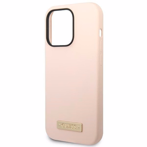 Guess Silicone Logo Plate MagSafe dėklas iPhone 14 Pro, rožinis