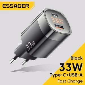 Įkroviklis Essager GaN Ling juodas 33W (PD / QC3.0) su LED ekranu