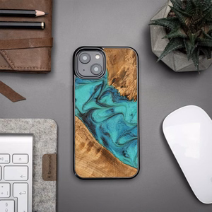 Medinis ir dervos dėklas telefonui iPhone 15 Plus Bewood Unique Turquoise - turkio ir juodas