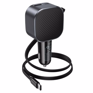 Automobilinis įkroviklis Hoco Z68, USB-A + USB-C, PD QC3.0, 45 W, su ištraukiamu USB-C kabeliu, juodas