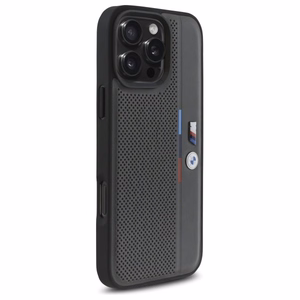BMW M perforuota trispalvė linija iPhone 16 Pro Max dėklas - tamsiai pilkas