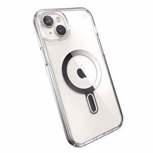 Speck Presidio Perfect-Clear MagSafe dėklas su ClickLock, skirtas iPhone 15 Plus / 14 Plus, skaidrus su chromo spalvos žiedu