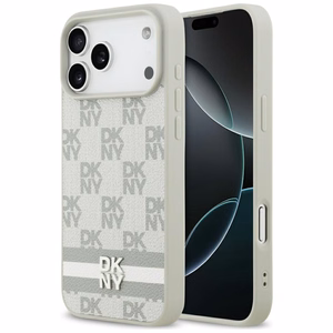 DKNY languotas su atspausdintomis juostelėmis dėklas telefonui iPhone 17 Pro Max - smėlinis