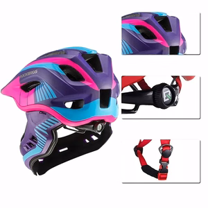 Rockbros TT-32SBPP-S vaikiškas dviračio šalmas su nuimama smakro apsauga dydis S - violetinis-rožinis