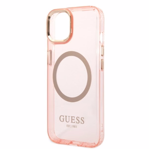Guess GUHMP14SHTCMP iPhone 14 6.1" rožinis kietas dėklas su auksiniu kontūru, permatomas, magnetinis (MagSafe)