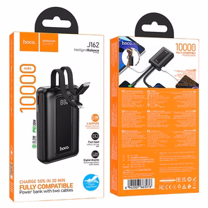 Hoco J162 išorinė baterija su integruotais USB-C ir Lightning laidais, 10000 mAh, QC, PD, 22,5 W, juoda