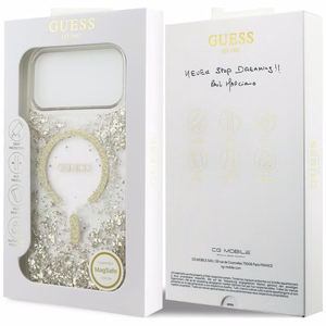 Guess Resin Bottom Glitter MagSafe dėklas, skirtas iPhone 18 Pro Max / 17 Pro Max, auksinis