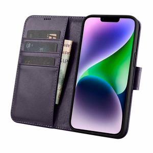 iCarer Piniginės dėklas 2in1 viršelis iPhone 14 Plus Anti-RFID odinis atverčiamas dėklas tamsiai violetinis (WMI14220727-DP)