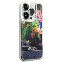 Guess GUHCP14LLFLSB iPhone 14 Pro 6.1 mėlynas / mėlynas kietasis dėklas Flower Liquid Glitter