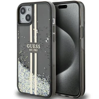 Guess Liquid Glitter Gold Stripes dėklas telefonui iPhone 15 Plus / 14 Plus - juodas