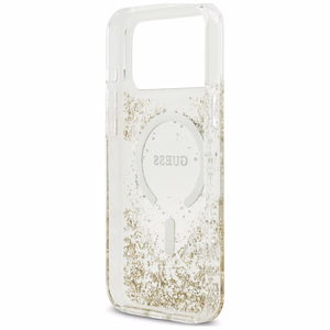 Guess Resin Bottom Glitter MagSafe dėklas, skirtas iPhone 18 Pro Max / 17 Pro Max, auksinis