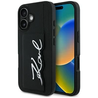 Karl Lagerfeld HC Grūdėtas PU Cardslot Metal Signature iPhone 16 dėklas - juodas
