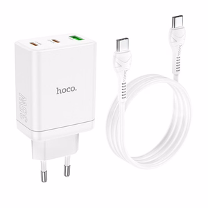 Įkroviklis Hoco 2 x USB C + USB A QC3.0 PD 3A 35W + Kabelis USB C į USB C N33 baltas