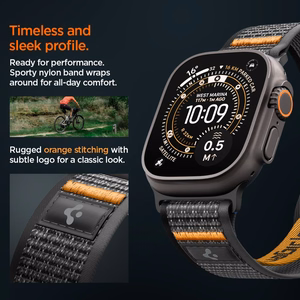Spigen Athlex Air 2 dirželis Apple Watch 8 / 9 / 10 / 11 / SE / Ultra (44 / 45 / 46 / 49 mm) juodas / oranžinis