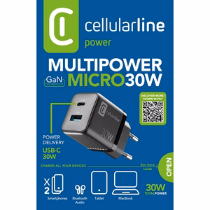 Cellularline Multipower Micro GaN USB-C ir USB-A Power Delivery tinklo įkroviklis, 30 W, juodas