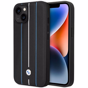Dėklas BMW BMHCP14S22RVSK iPhone 14 6.1" juoda/juoda kietas dėklas Odinis Antspaudas Mėlynos Linijos