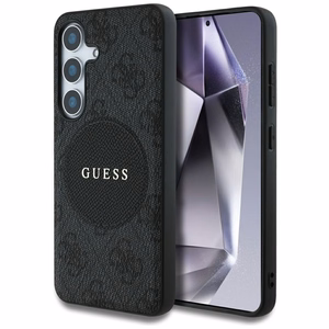Dėklas telefonui Guess 4G Round Patch Classic Logo MagSafe Samsung Galaxy S25 Plus juodas
